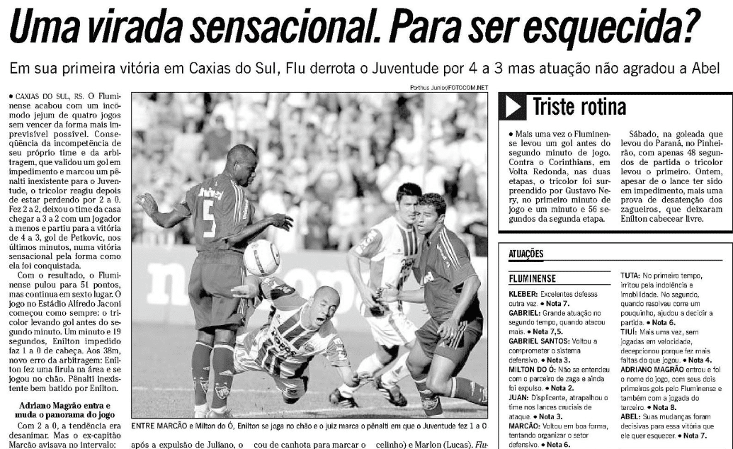 Fluminense se deu bem com remarca&ccedil;&atilde;o de jogo e conquistou sua &uacute;nica vit&oacute;ria da hist&oacute;ria no Alfredo Jaconi em 2005 - Foto: Reprodu&ccedil;&atilde;o/Acervo O Globo
