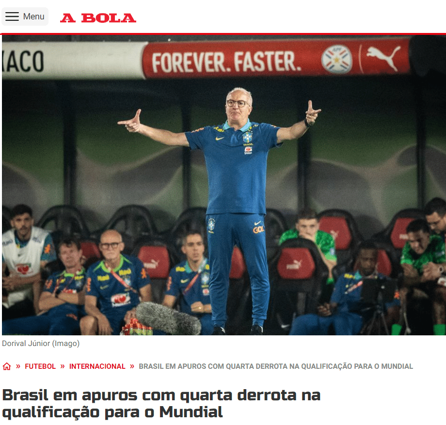 Jornal "A Bola" diz que Brasil est&aacute; "em apuros"
