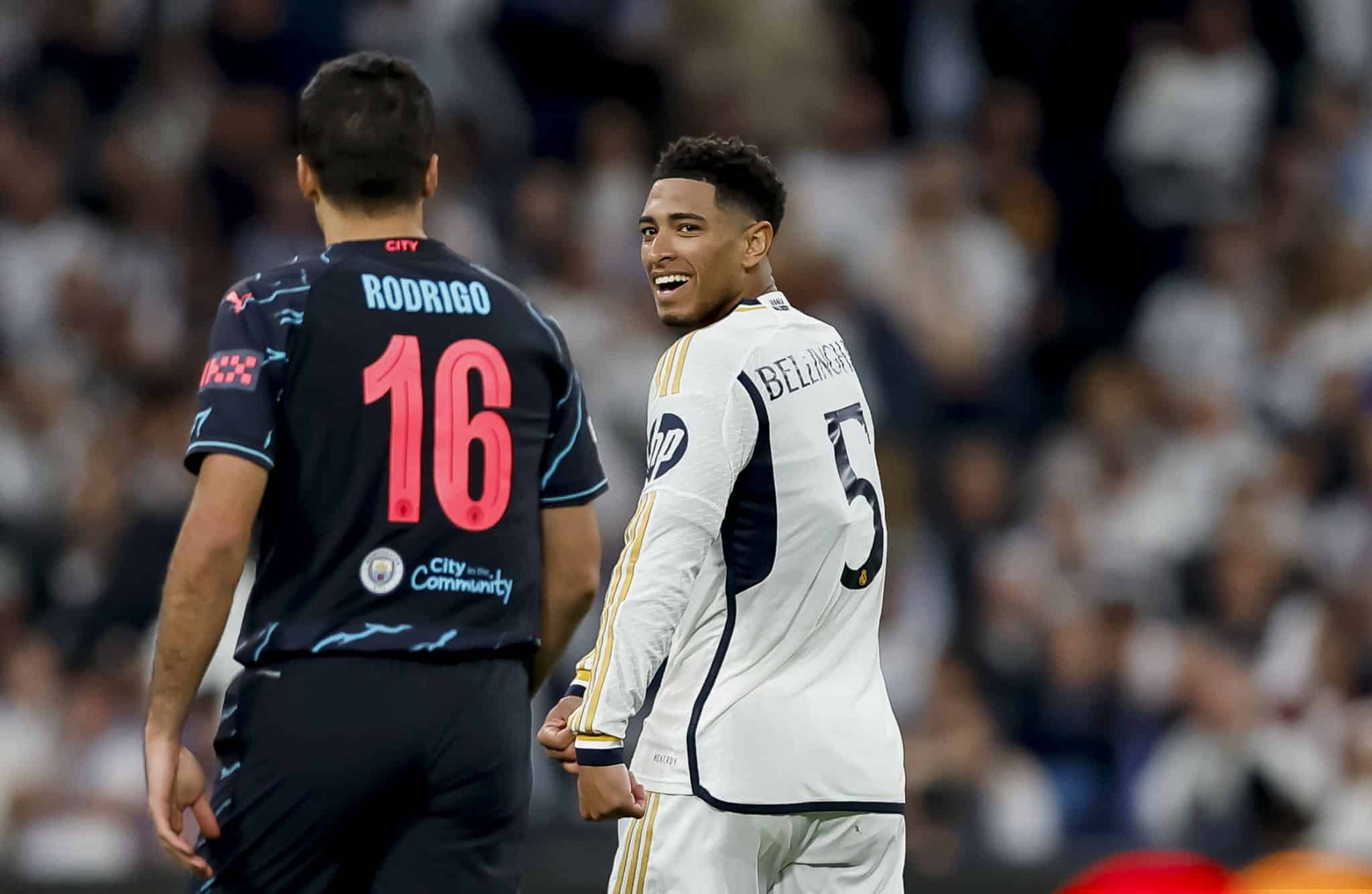 Rodri (Manchester City) e Bellingham (Real Madrid) durante as quartas de final da Champions League 2023/2024. Foto: Icon Sport 
