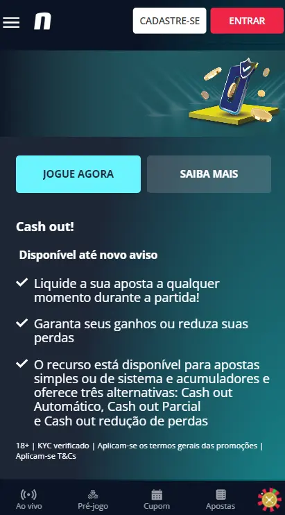 Captura de tela de p&aacute;gina sobre Cash Out da Novibet.