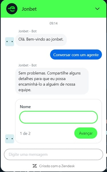 Captura de tela com o chat de atendimento ao vivo da Jonbet