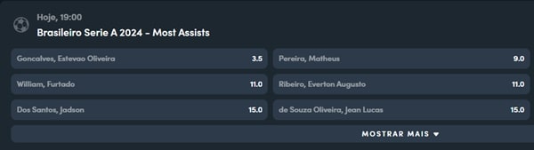 Captura de tela com o mercado de "Mais assist&ecirc;ncias" no Brasileir&atilde;o na se&ccedil;&atilde;o de esportes da Jonbet