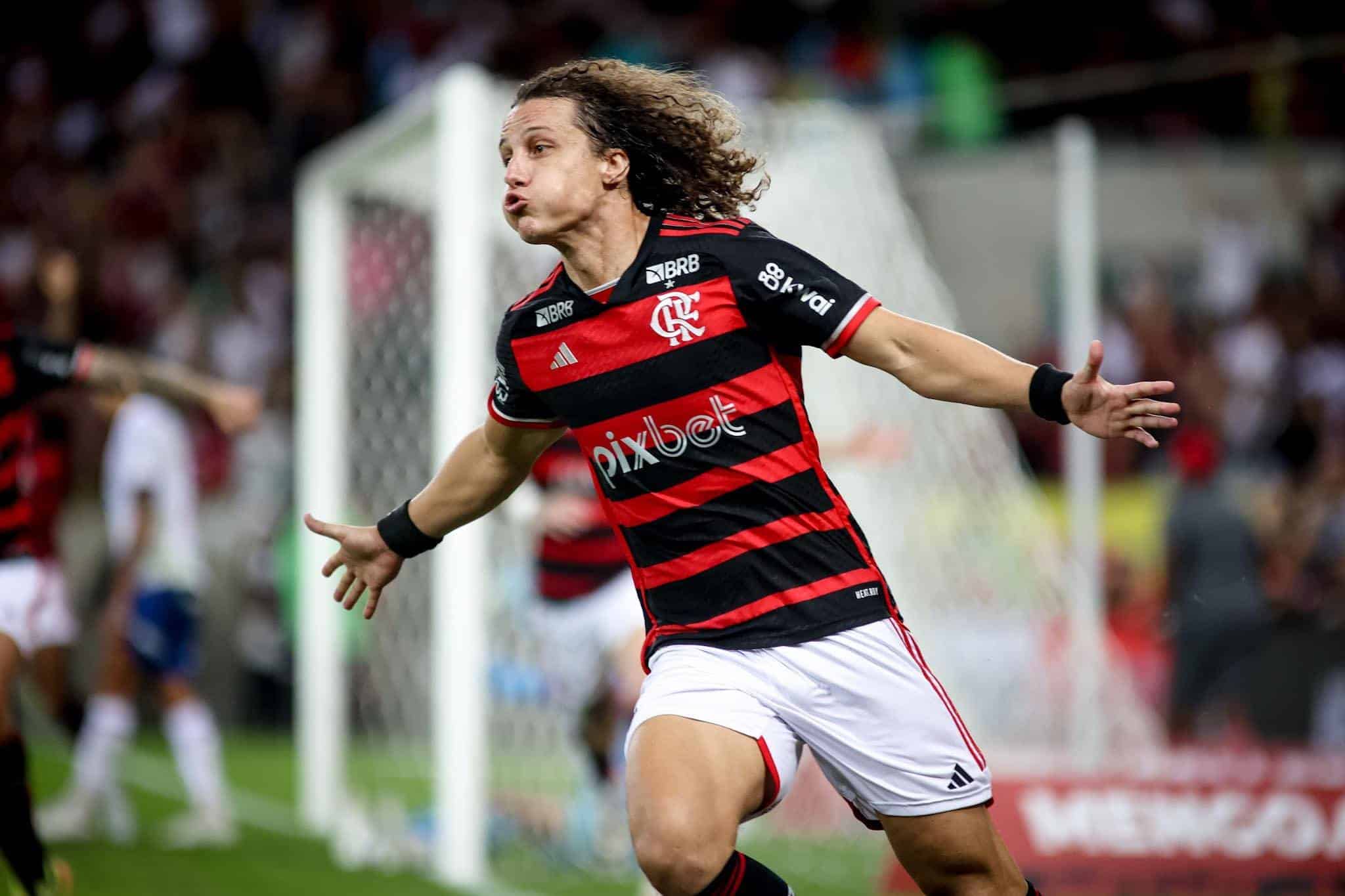 David Luiz comemora o gol que deu a vit&oacute;ria ao Flamengo contra o Bahia. Foto: Imago