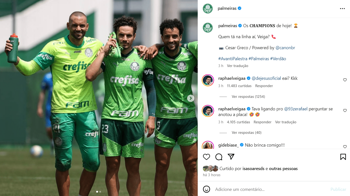 Detalhe do coment&aacute;rio de Raphael Veiga no post do Palmeiras