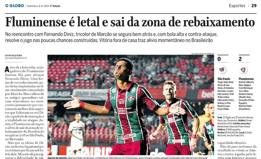 Fluminense saiu da zona de rebaixamento com vit&oacute;ria sobre S&atilde;o Paulo de Fernando Diniz em 2019 - Foto: Reprodu&ccedil;&atilde;o/Acervo O Globo
