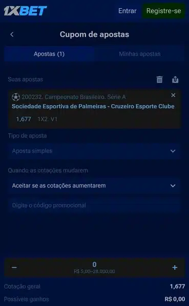 Captura de tela com uma aposta feita no site da 1xbet