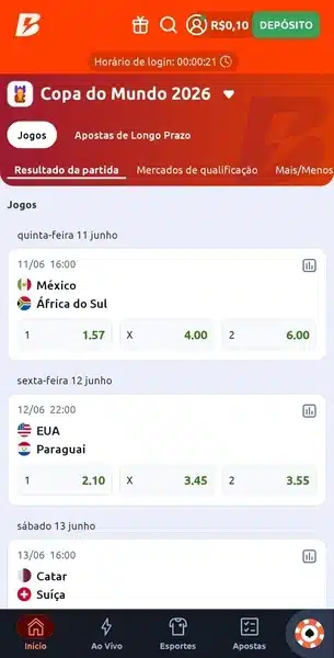 Captura de tela da p&aacute;gina inicial de apostas da Copa do Mundo de 2026 na Betano