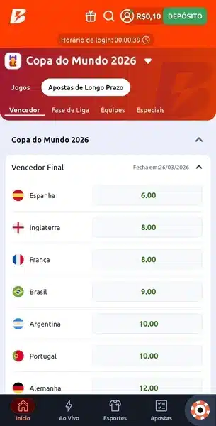 Captura de tela da p&aacute;gina inicial de apostas de longo prazo da Copa do Mundo de 2026 na Betano
