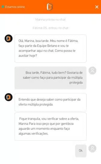 Captura de tela de um atendimento no chat ao vivo da Betano