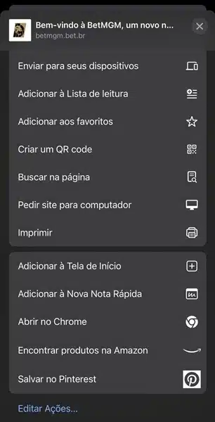 Captura de tela das op&ccedil;&otilde;es do iPhone para se criar atalho de um site