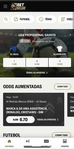 Captura de tela da p&aacute;gina de esportes da BetMGM em dispositivo celular