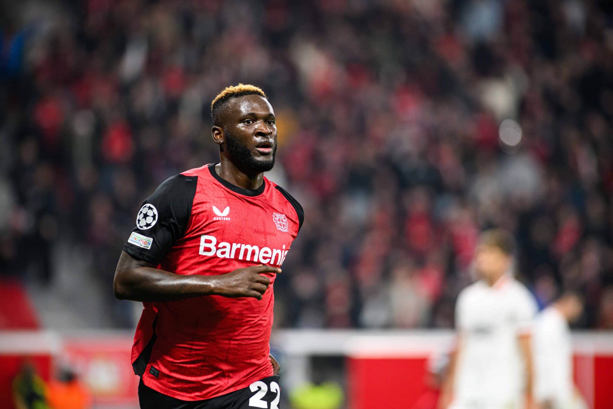 Comemora&ccedil;&atilde;o de Boniface ap&oacute;s marcar em Leverkusen 1 x 0 Milan, na BayArena