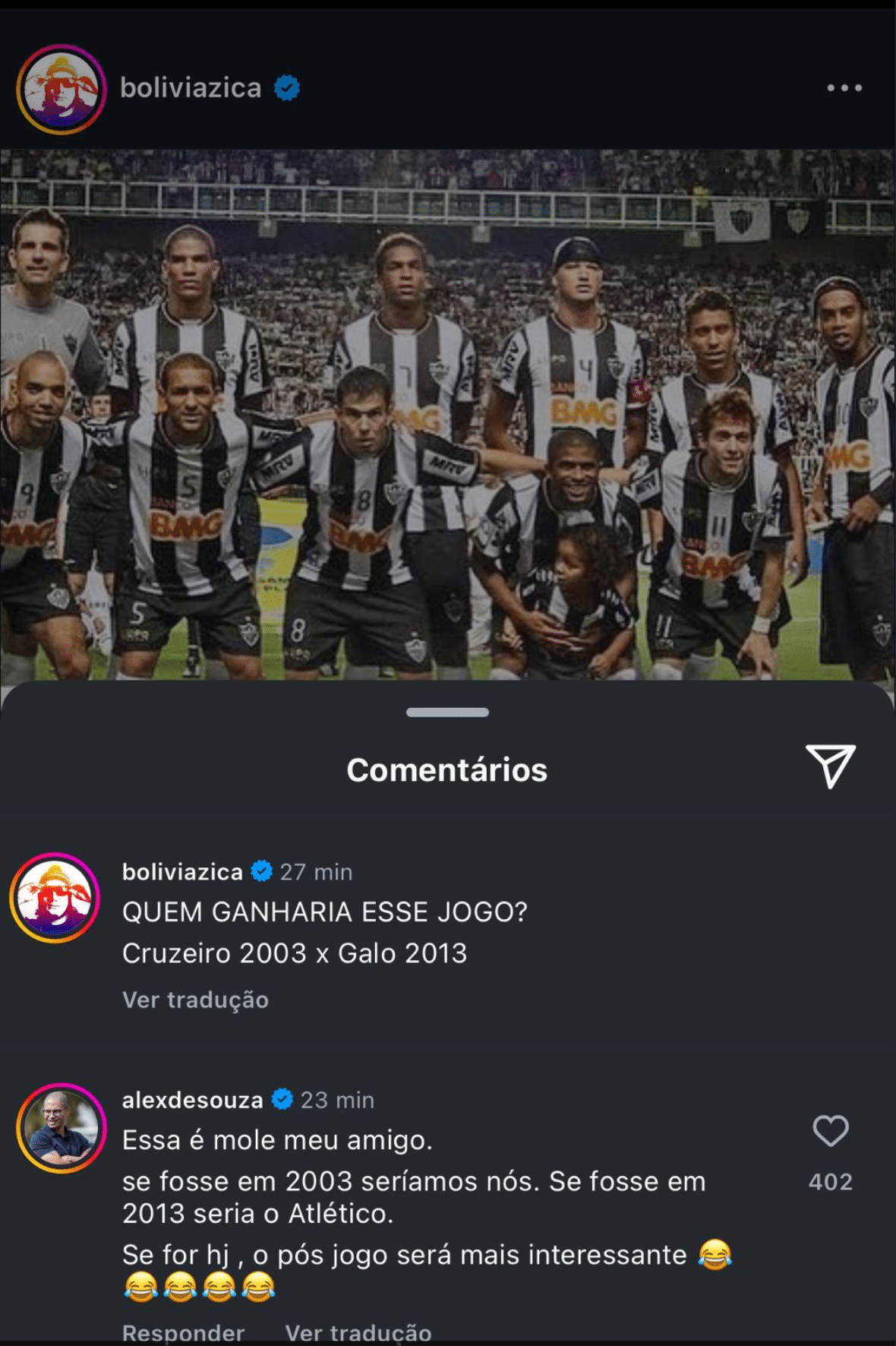 Print com resposta de Alex sobre compara&ccedil;&atilde;o entre Cruzeiro de 2003 e Atl&eacute;tico Mineiro de 2013