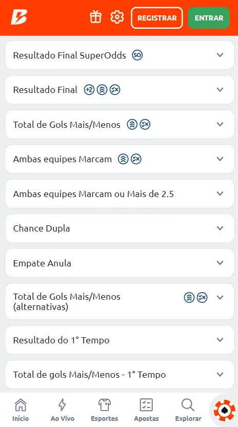 Captura de tela da Betano com os mercados dispon&iacute;veis antes de uma partida de futebol.