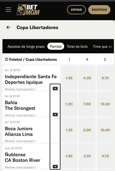 Captura de tela dos jogos da Libertadores no BetMGM app com streaming ao vivo