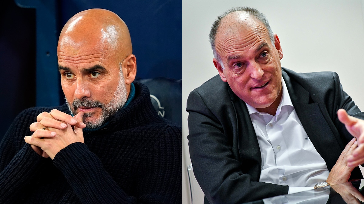 Pep Guardiola (esq.) e Javier Tebas (dir.) j&aacute; criticaram o novo Mundial de Clubes da Fifa. Fotos: Icon Sport
