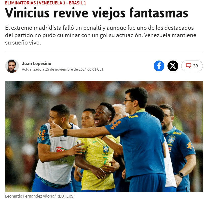 Diario As sobre Brasil x Venezuela