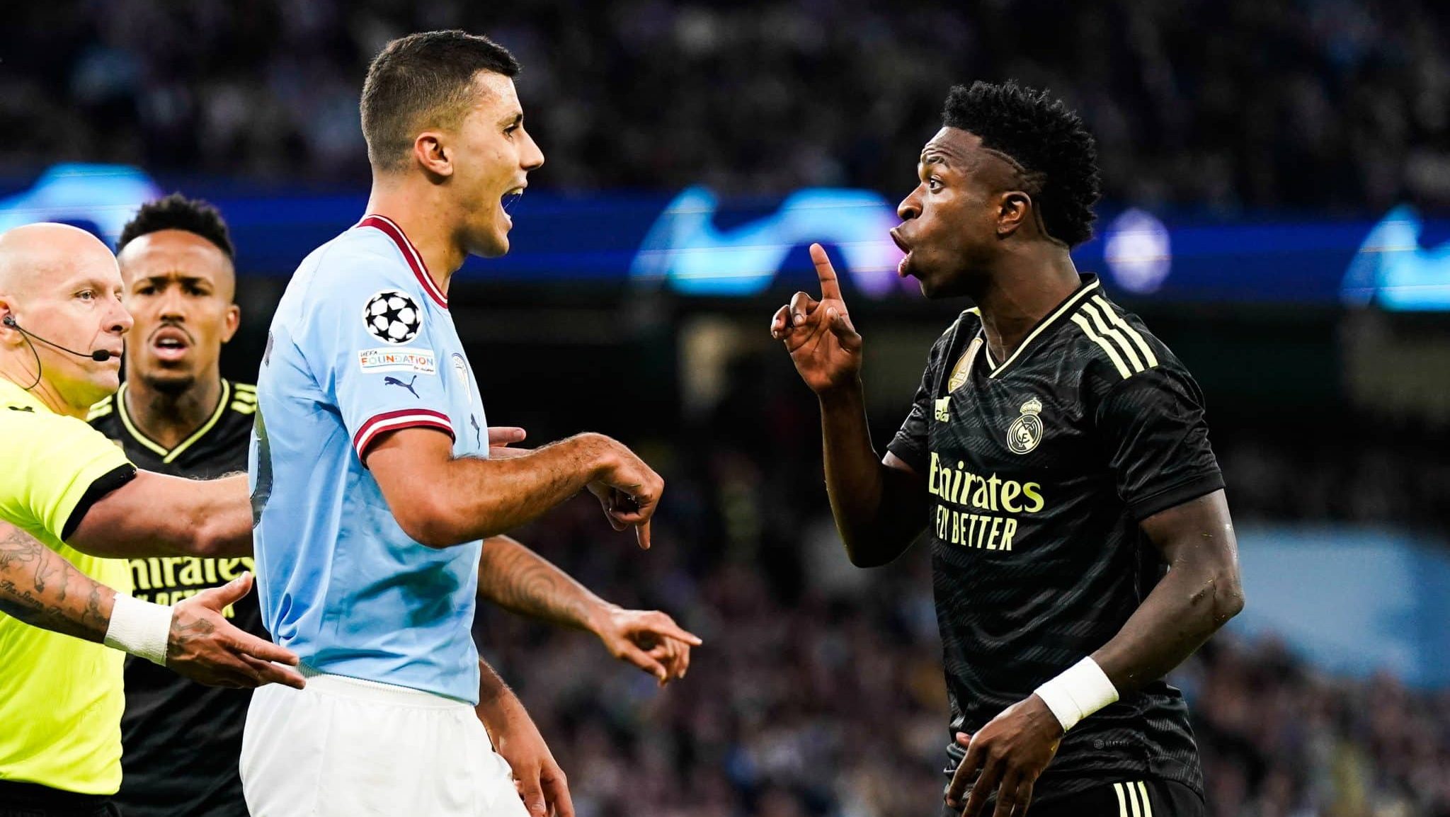 Rodri e Vin&iacute;cius J&uacute;nior durante as semifinais da Champions League 2022/23 Foto: (Icon Sport)