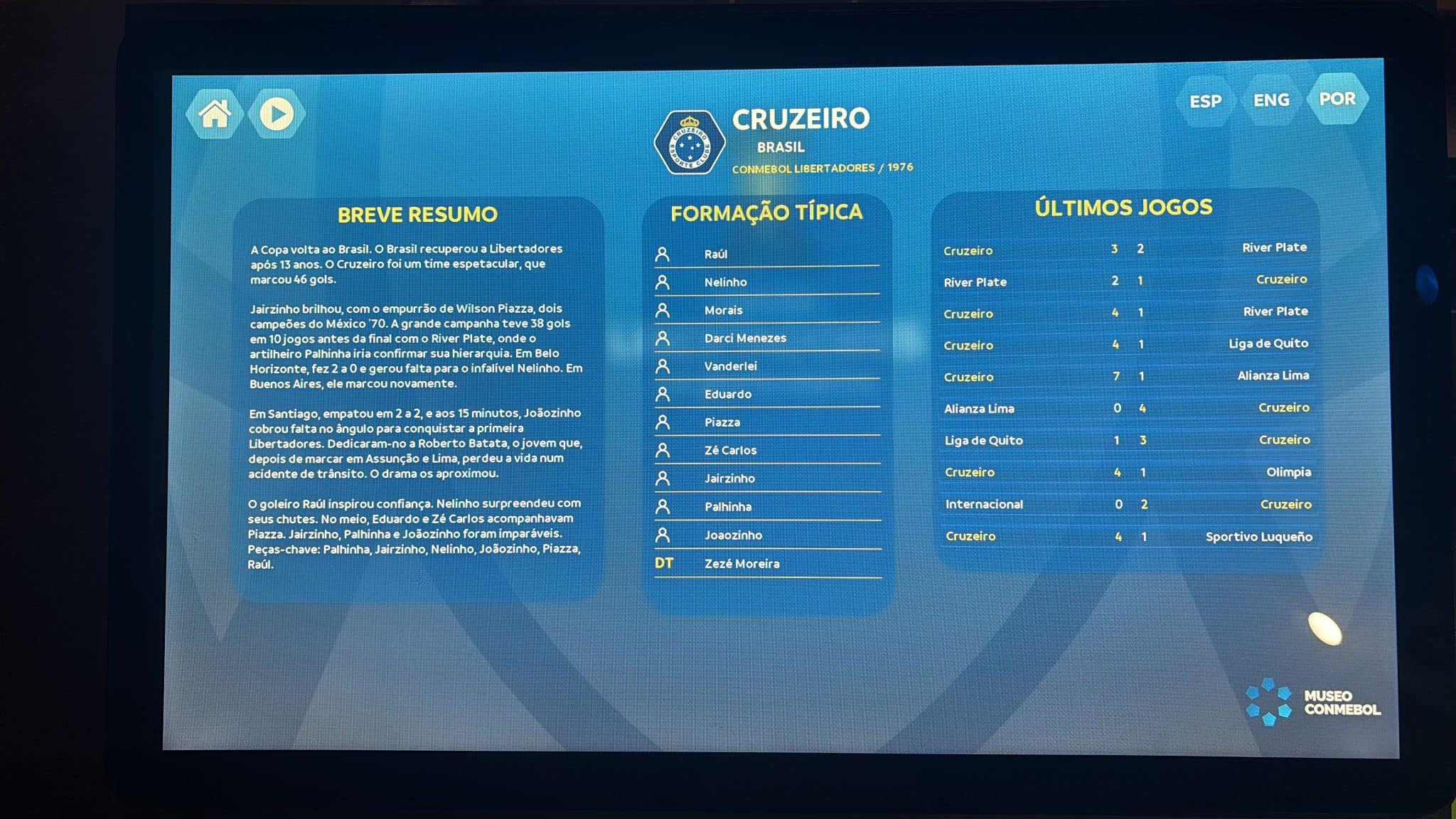 Tela interativa da final da Copa Libertadores de 1976, entre Cruzeiro e River Plate (ARG)