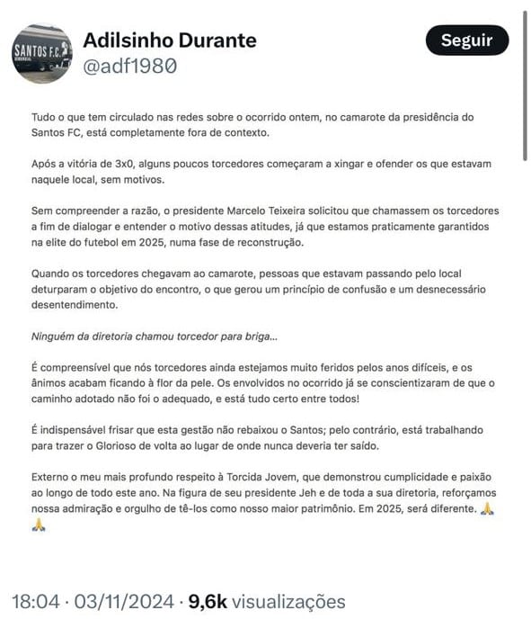 Posicionamento de Adilson Durante Filho