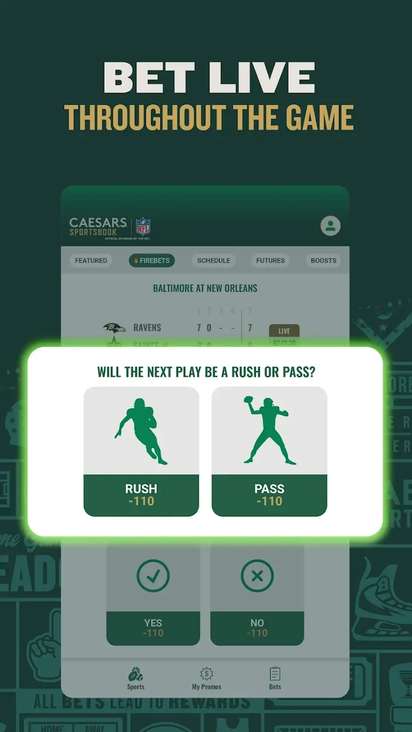 Captura de tela de banner da fun&ccedil;&atilde;o ao vivo do Caesars App na loja Android dos EUA.