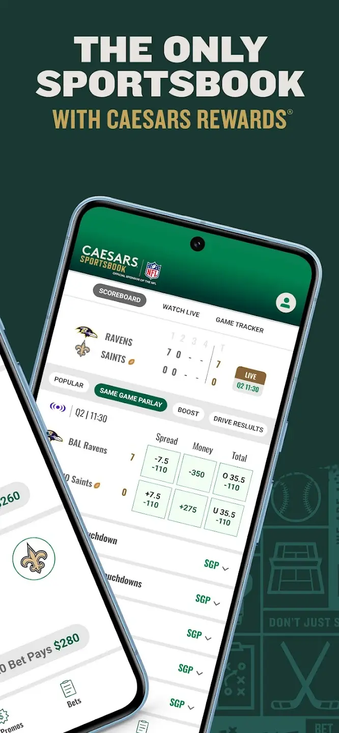 Captura de tela de banner na p&aacute;gina de Download do Caesars App na loja de aplicativos do Android nos EUA.