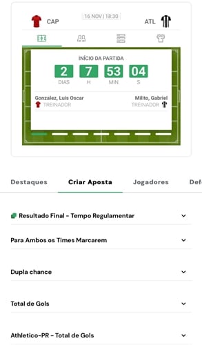 Captura de tela com os mercados de Criar Aposta no Rei do Pitaco.