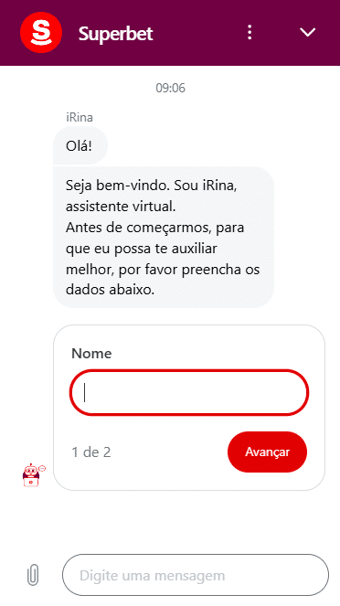 Captura de tela do chat da Superbet.