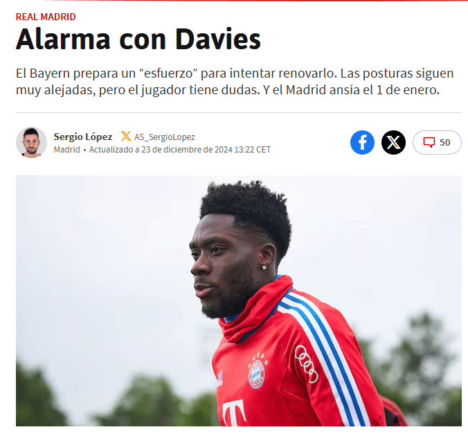 Reportagem do "As" chama aten&ccedil;&atilde;o para chance de neg&oacute;cio entre Real Madrid e Alphonso Davies "melar" 