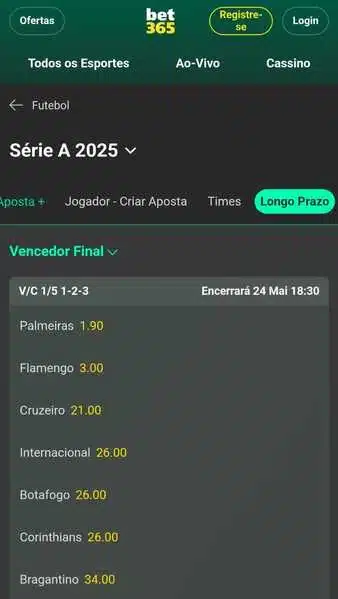 Captura de tela do site Bet365 com apostas de longo prazo no Campeonato Brasileiro