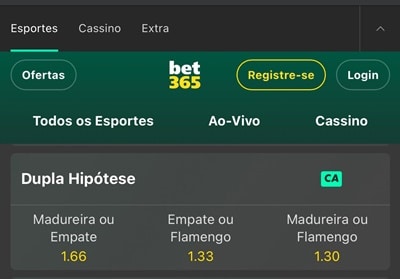 Odds na Bet365 para Chance Dupla em Madureira x Flamengo