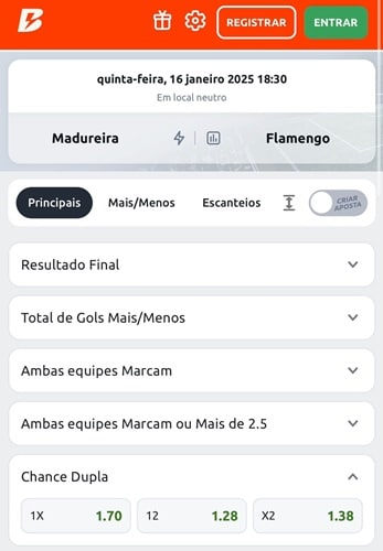 Odds na Betano para Chance Dupla em Madureira x Flamengo
