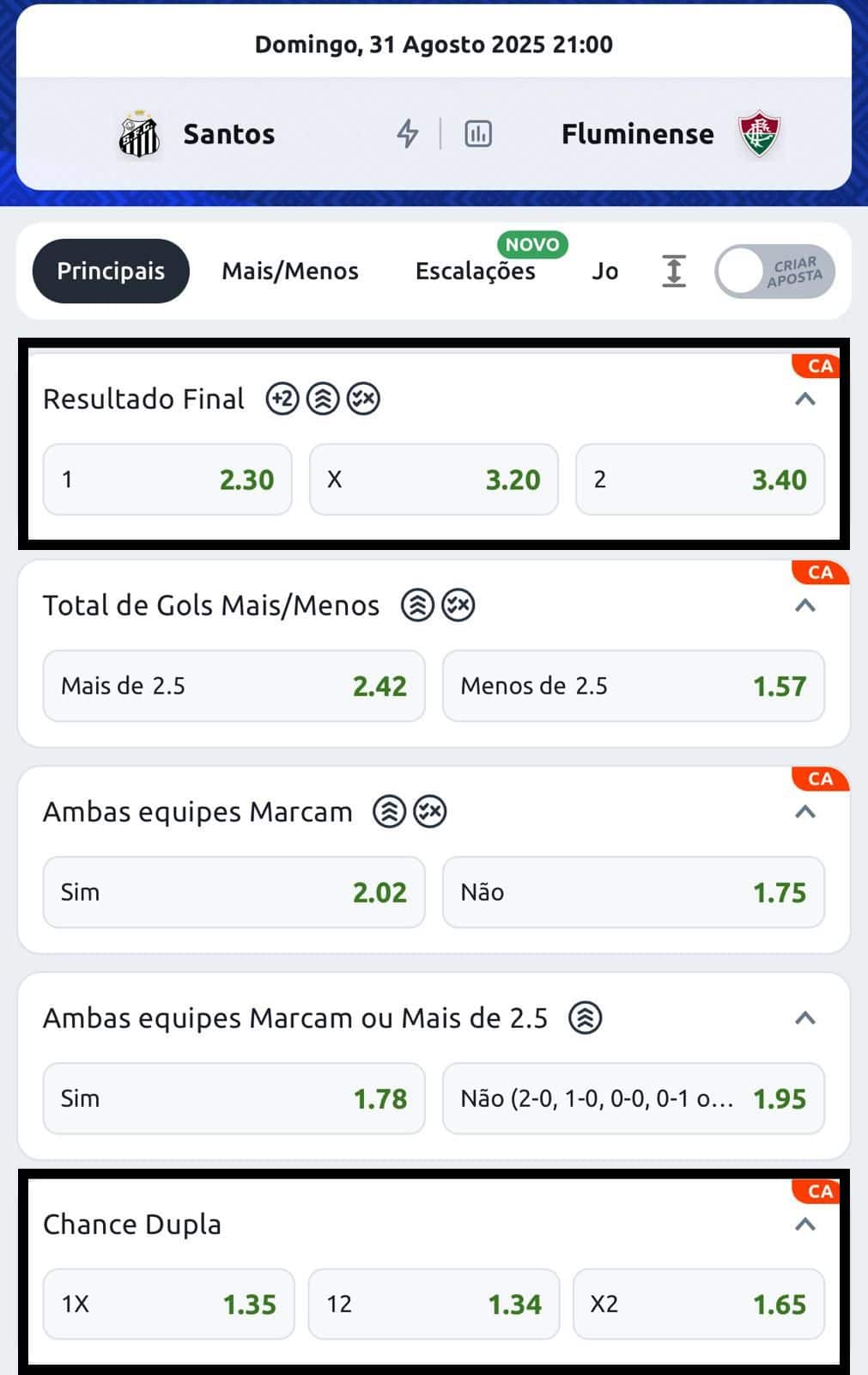 Exemplo de chance dupla na Betano