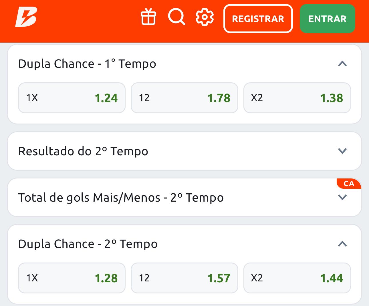 Odds de dupla chance no primeiro tempo na Betano