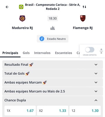 Odds na Novibet para Chance Dupla em Madureira x Flamengo