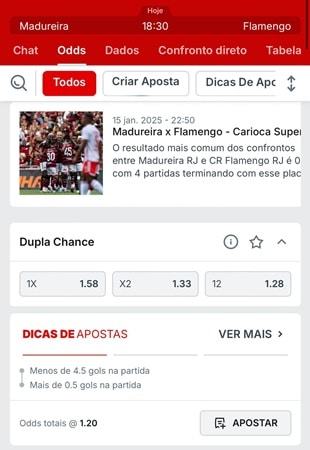 Odds na Superbet para Chance Dupla em Madureira x Flamengo