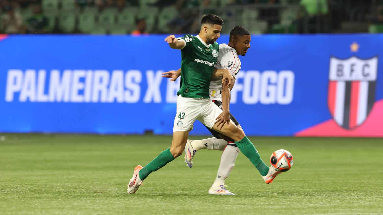 Flaco L&oacute;pez, do Palmeiras, disputa bola com o jogador do Botafogo 