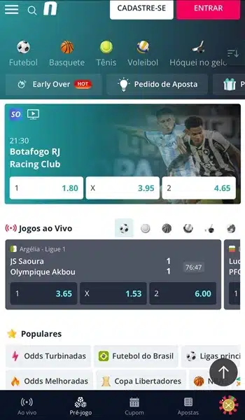 Captura de tela da p&aacute;gina inicial da Novibet