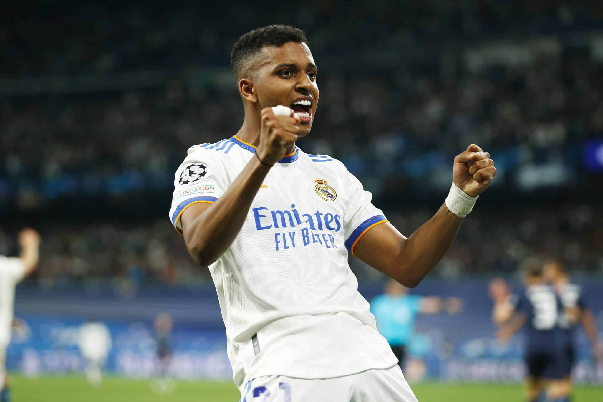 Rodrygo comemora gol do Real Madrid contra o Manchester City, em 2022