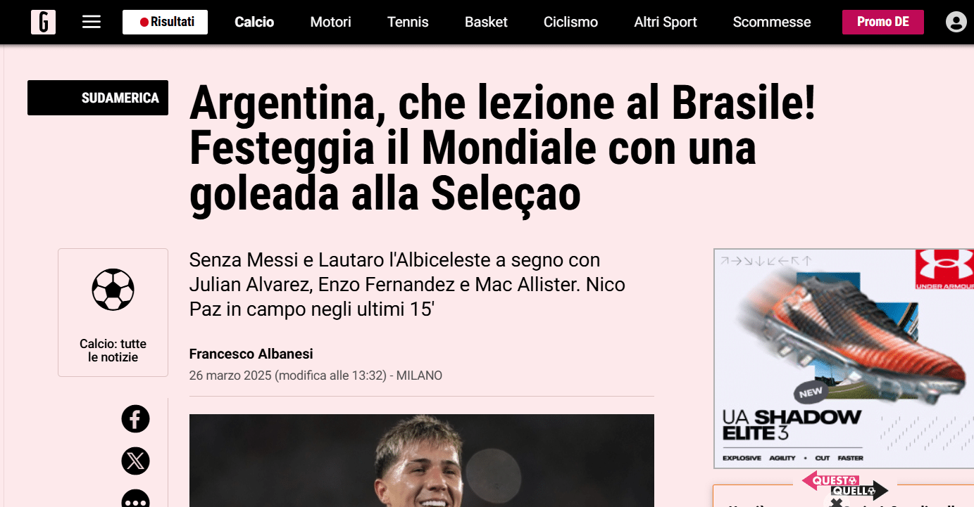 Gazzetta dello Sport Argentina 4x1 Brasil