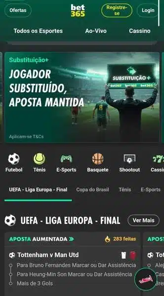 Captura de tela da Bet365, que oferece cobertura em substitui&ccedil;&otilde;es, pagamentos antecipados e outros recursos