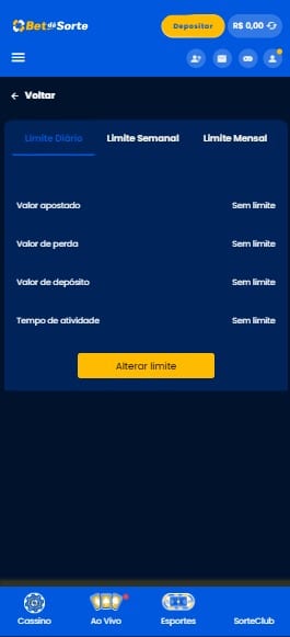 Captura de tela da se&ccedil;&atilde;o de limites di&aacute;rios da Bet d&aacute; Sorte