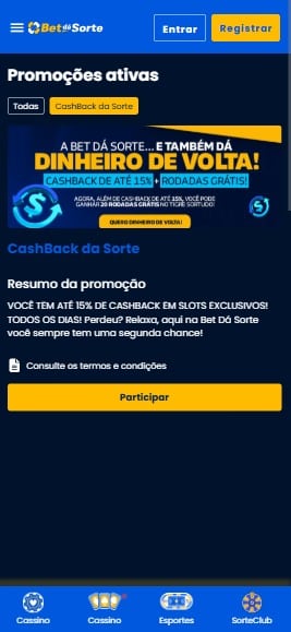 Captura de tela das promo&ccedil;&otilde;es ativas na Bet d&aacute; Sorte com cashback recorrente