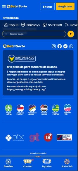 Captura de tela do rodap&eacute; do site oficial da Bet d&aacute; Sorte