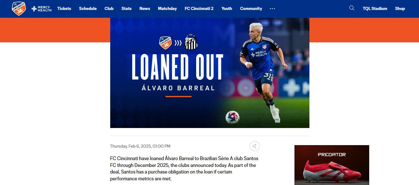 Nota do Cincinnati sobre o empr&eacute;stimo de Barreal ao Santos
