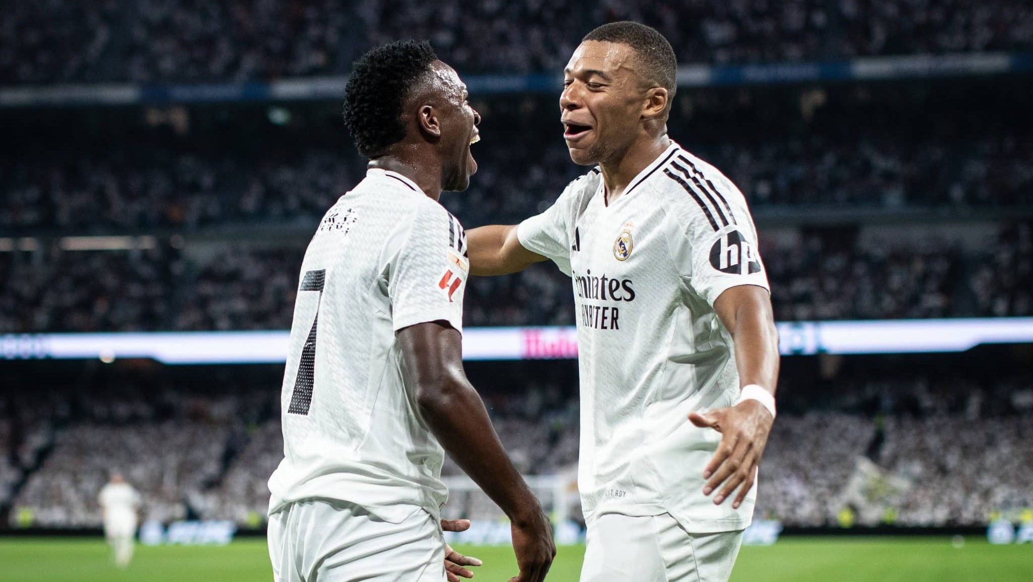 No Real Madrid, Vinicius J&uacute;nior e Mbapp&eacute; j&aacute; combinaram para 70 participa&ccedil;&otilde;es em gols na temporada. Foto: Imago