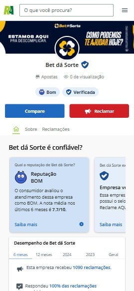 Captura de tela do perfil verificado da Bet d&aacute; Sorte no Reclame Aqui
