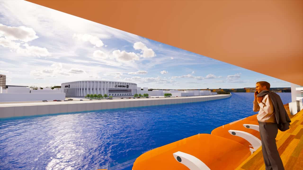 Arena dos conselheiros do Santos vista do mar