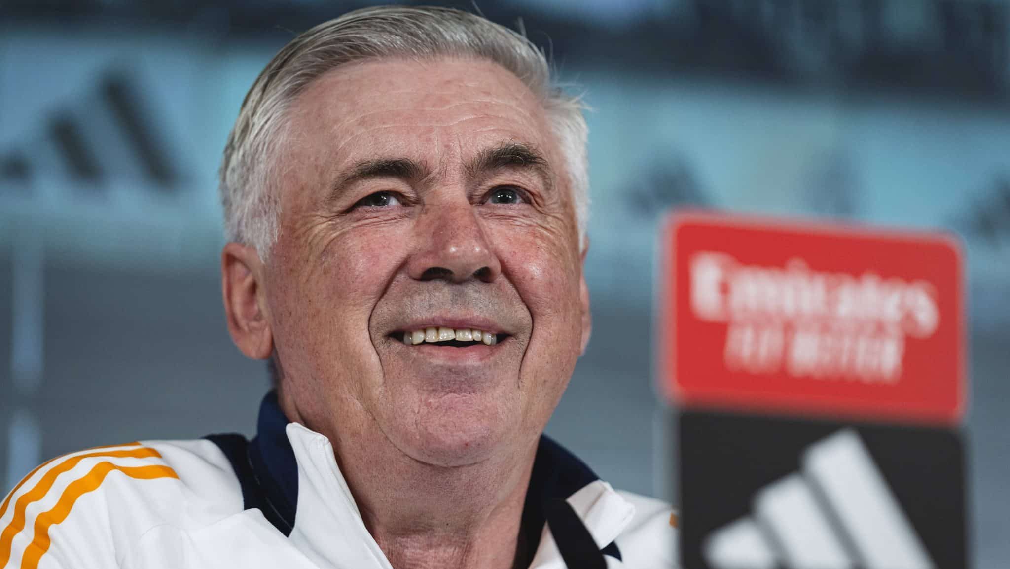 O t&eacute;cnico Carlo Ancelotti, do Real Madrid, em entrevista coletiva