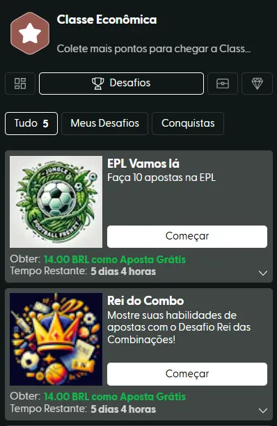 Captura de tela dos desafios na plataforma Hanzbet